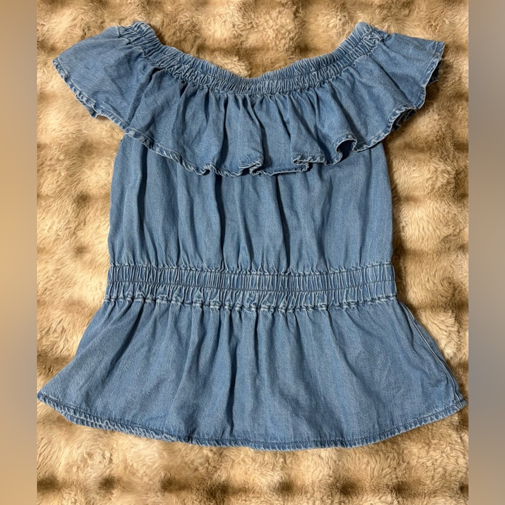 All Saints Off-Shoulder Ruffle Denim Top